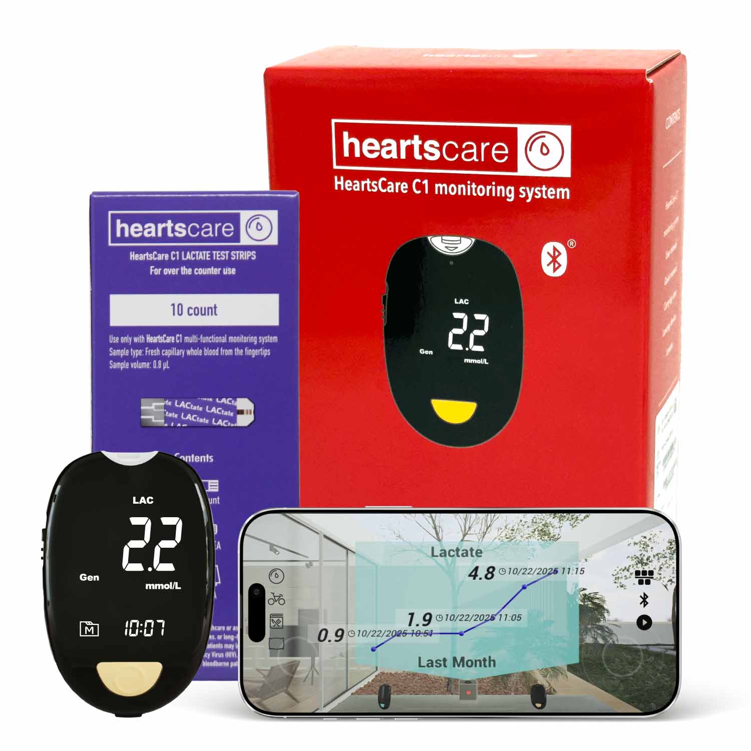Sec Testing Bio HeartsCare C1 Lactate Meter Testing Kit with 10 strips- 5 sec Testing ...