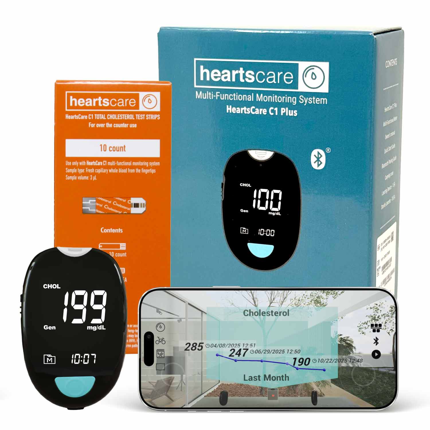 HeartsCare C1 Plus Total Cholesterol Meter Test Kit at Home with 10 strips
