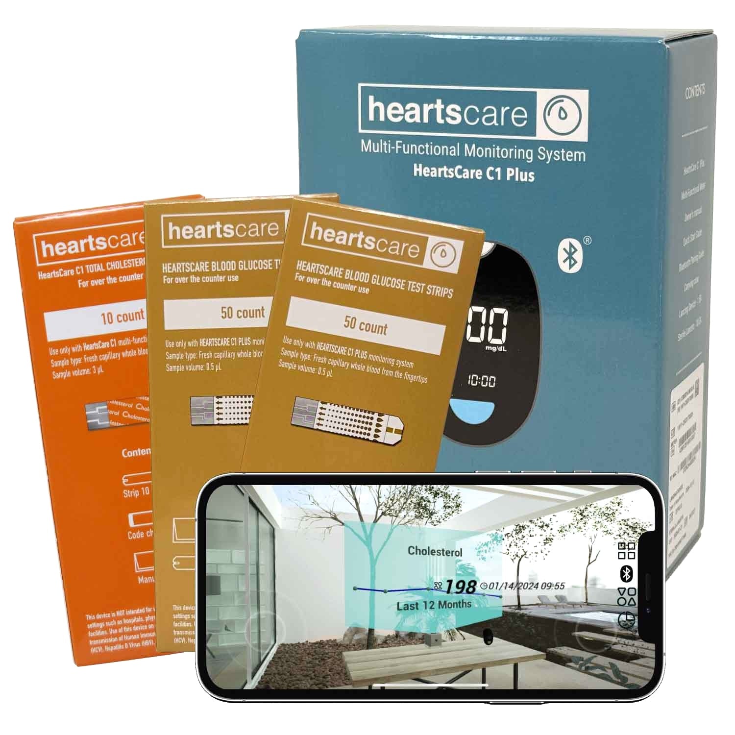 HeartsCare C1 Plus Total Cholesterol Meter Test Kit at Home with TC 10 count and BG 100 count