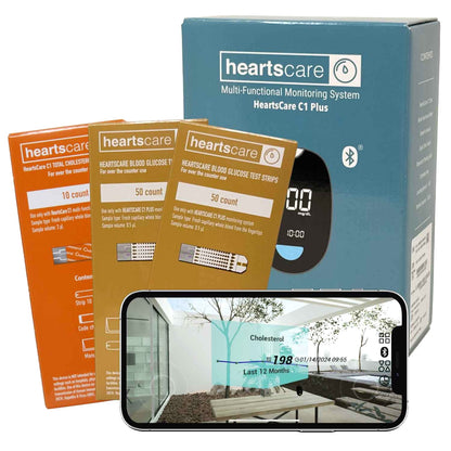 HeartsCare C1 Plus Total Cholesterol Meter Test Kit at Home with TC 10 count and BG 100 count