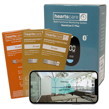 HeartsCare C1 Plus Total Cholesterol Meter Test Kit at Home with TC 10 count and BG 100 count